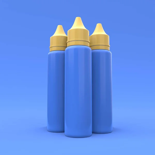 Mockup Három Műanyag Gőz Folyadék Palack Kék Háttérben Csomagtervezés Illusztráció — Stock Fotó