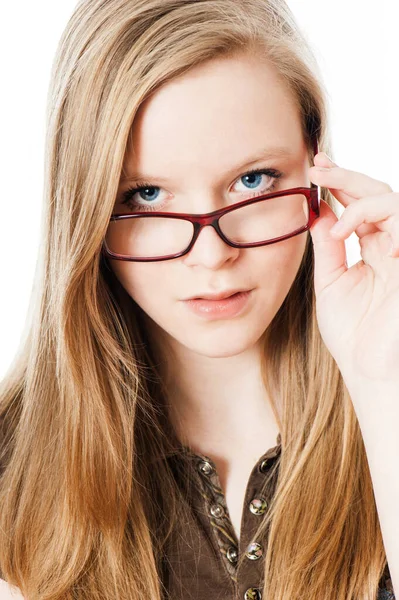 Gadis Remaja Dengan Kacamata Terisolasi Pada Putih — Stok Foto