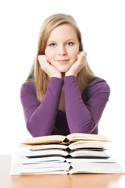 Chica Joven Con Libros Aislados Blanco — Foto de Stock