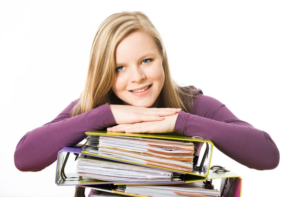 Studentessa Con Libri Isolati Bianco — Foto Stock