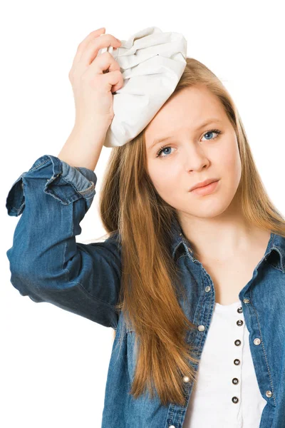 Fille Mal Tête Isolé Sur Blanc — Photo