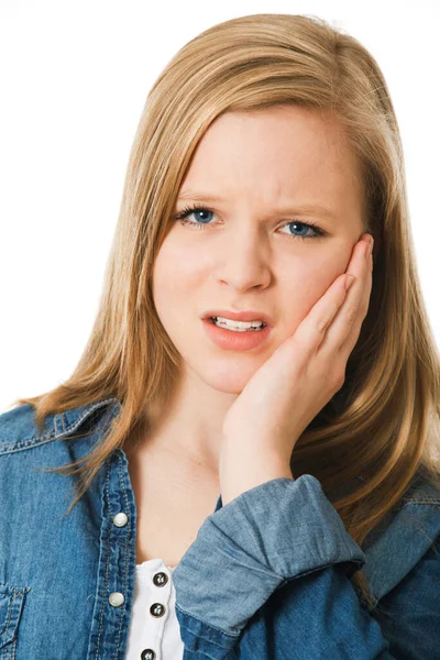 Gadis Itu Memiliki Sakit Gigi Terisolasi Pada Putih — Stok Foto