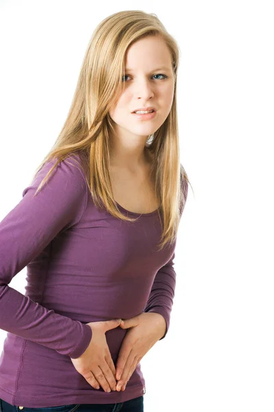 Chica Tiene Dolor Abdominal Aislado Blanco — Foto de Stock