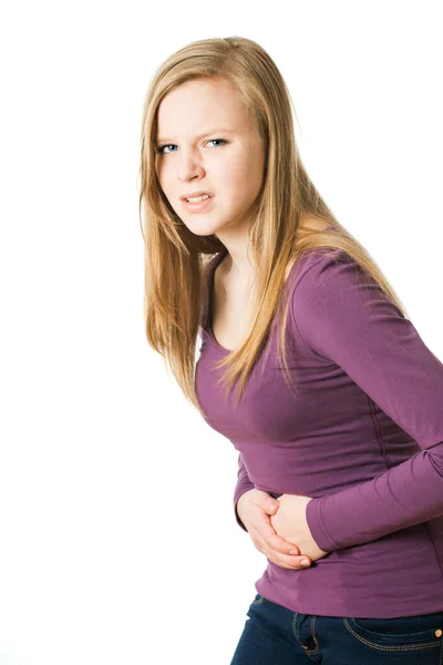 Girl Has Abdominal Pain Isolated White — Stock Photo, Image