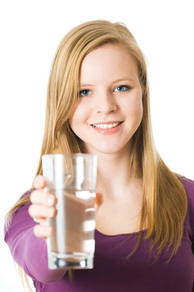 Chica Con Vidrio Agua Aislado Blanco —  Fotos de Stock