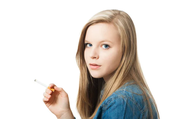 Gadis Remaja Dengan Rokok Terisolasi Atas Putih — Stok Foto