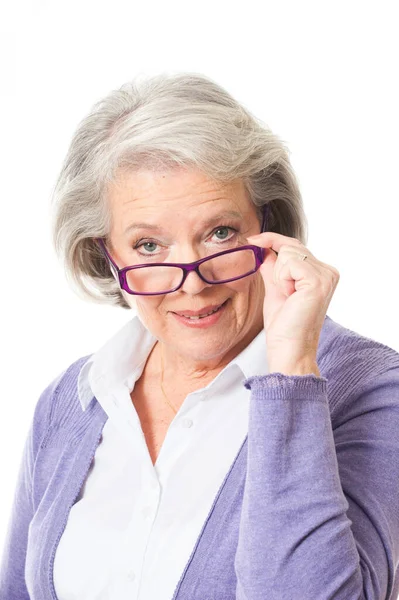 Starší Žena Brýlemi Izolovanými Bílém — Stock fotografie