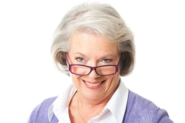 Äldre Kvinna Med Glasögon Isolerade Vitt — Stockfoto