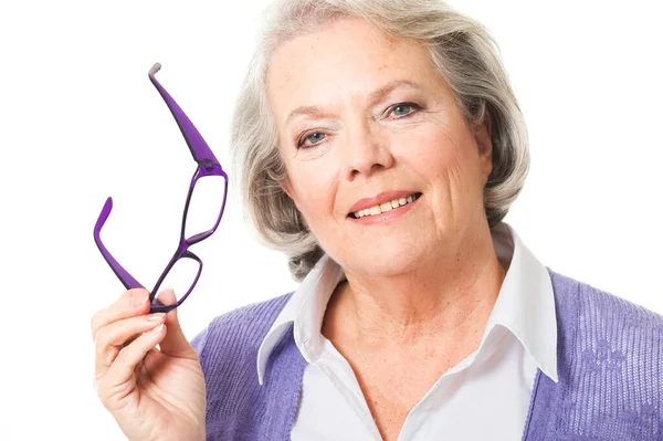 Mulher Mais Velha Com Óculos Isolados Branco — Fotografia de Stock