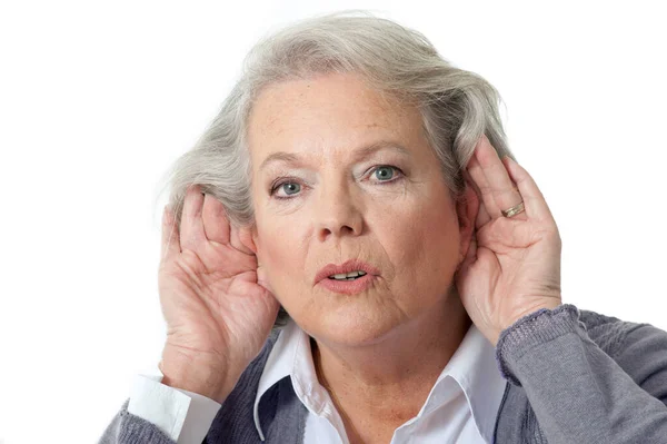 Mature Woman Holding Hands Ear — Stock Photo, Image