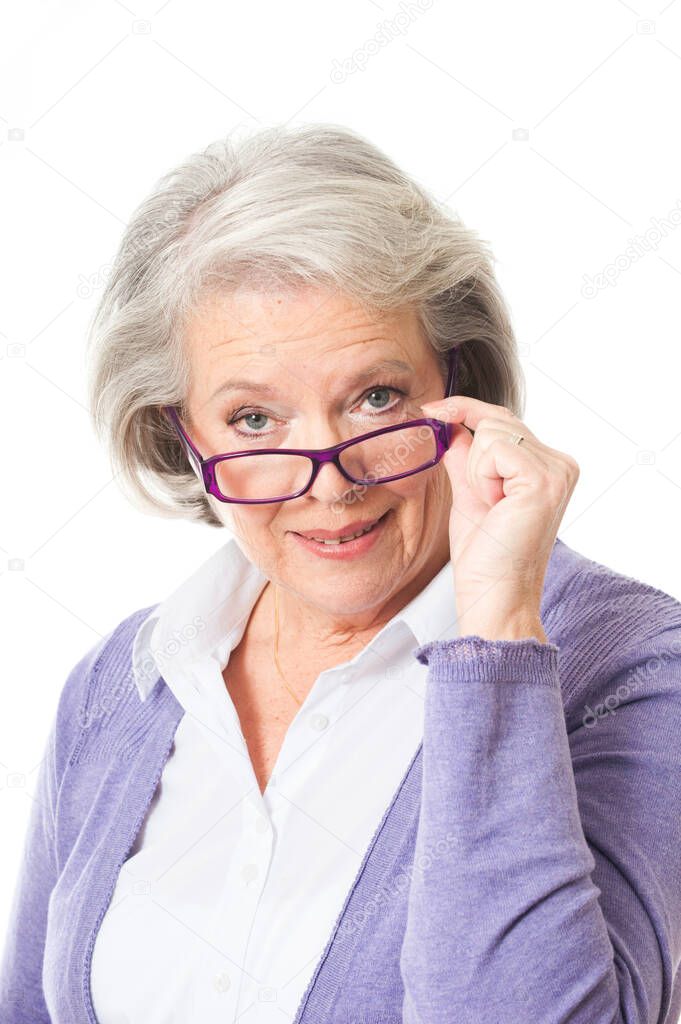 Older woman with glasses isolated on white