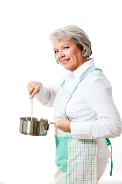 Elderly Housewife Wooden Spoon Saucepan — Stock Photo, Image