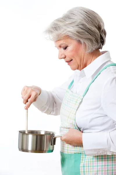 Anciano Cocinero Con Sombrero Delantal —  Fotos de Stock