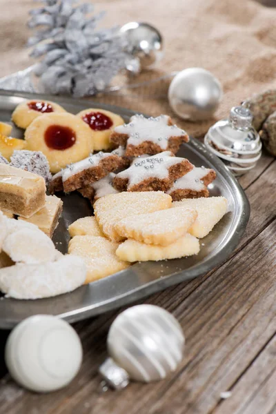 Various Christmas Cookies Pewter Plate — Stock Photo, Image
