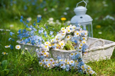 Bahçe feneriyle bahar çayırında Çiçek kalp