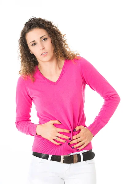 Mujer Joven Tiene Dolor Estómago — Foto de Stock