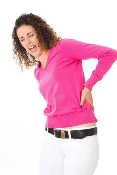Mujer Joven Tiene Dolor Espalda — Foto de Stock