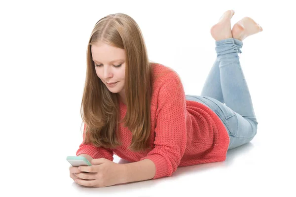 Young Girl Smartphone Islolated White — Stock Photo, Image