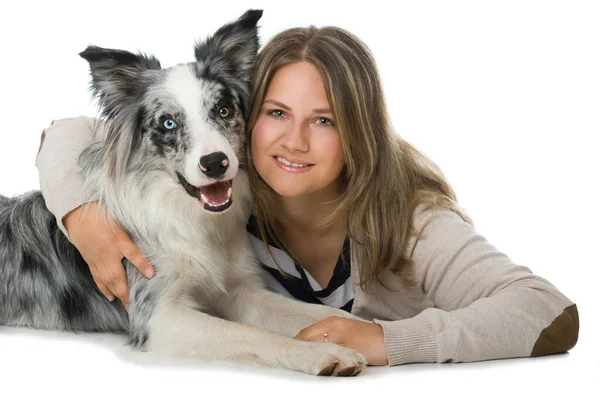 Jeune Femme Avec Collie Frontière Chien — Photo