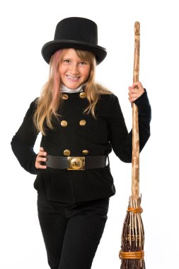 Baca temizleyicisi kız beyazda izole edilmiş.