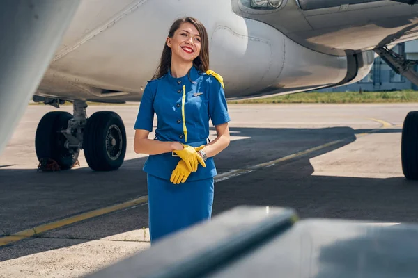 航空機のそばに立つ笑顔のスチュワーデス — ストック写真