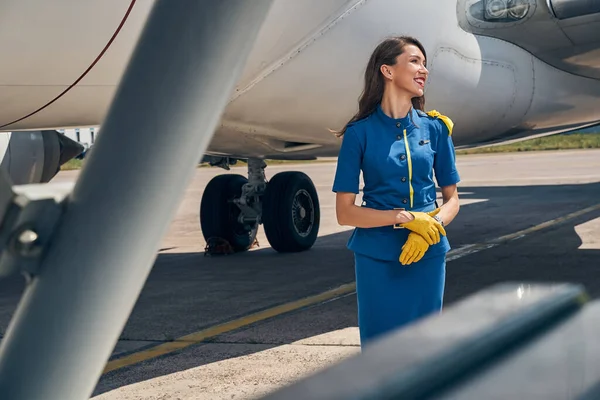 Radostná štíhlá dáma stojící u letadla — Stock fotografie