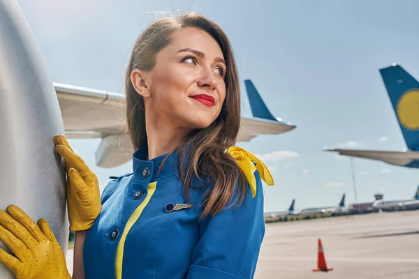 Smiling elegant stewardess gazing into the distance — Stock Photo, Image