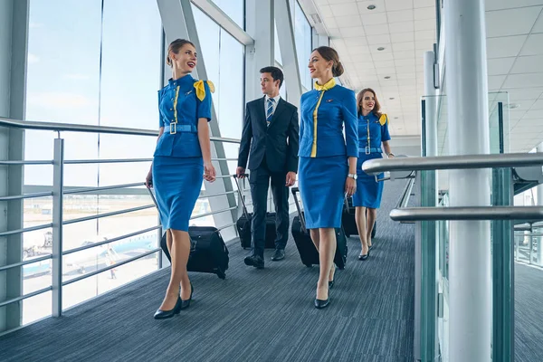 Quattro assistenti di volo che camminano lungo il terminal — Foto Stock