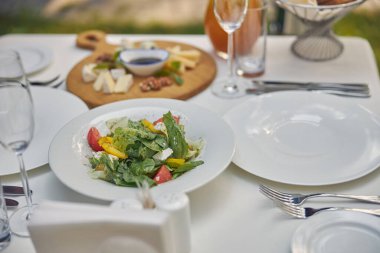 Akşam yemeği için yeşil salatalı beyaz tabak.