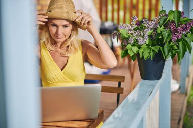 Sakin bayan dizüstü bilgisayara bakıyor.