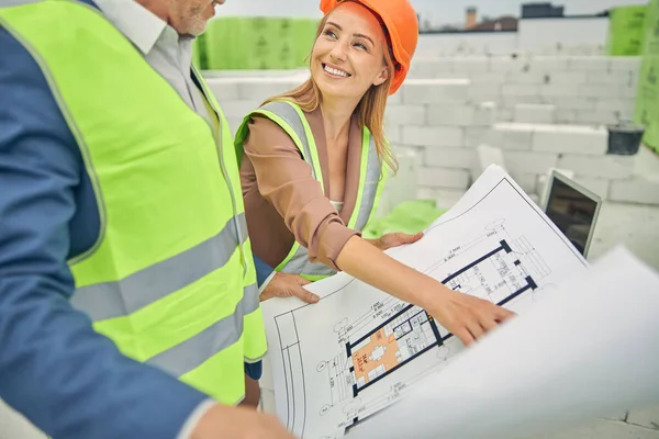 Empresária alegre analisando um desenho técnico com um capataz — Fotografia de Stock