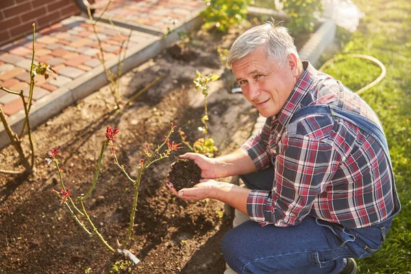 Jardinero sonriente sosteniendo dos puñados de tierra — Foto de Stock