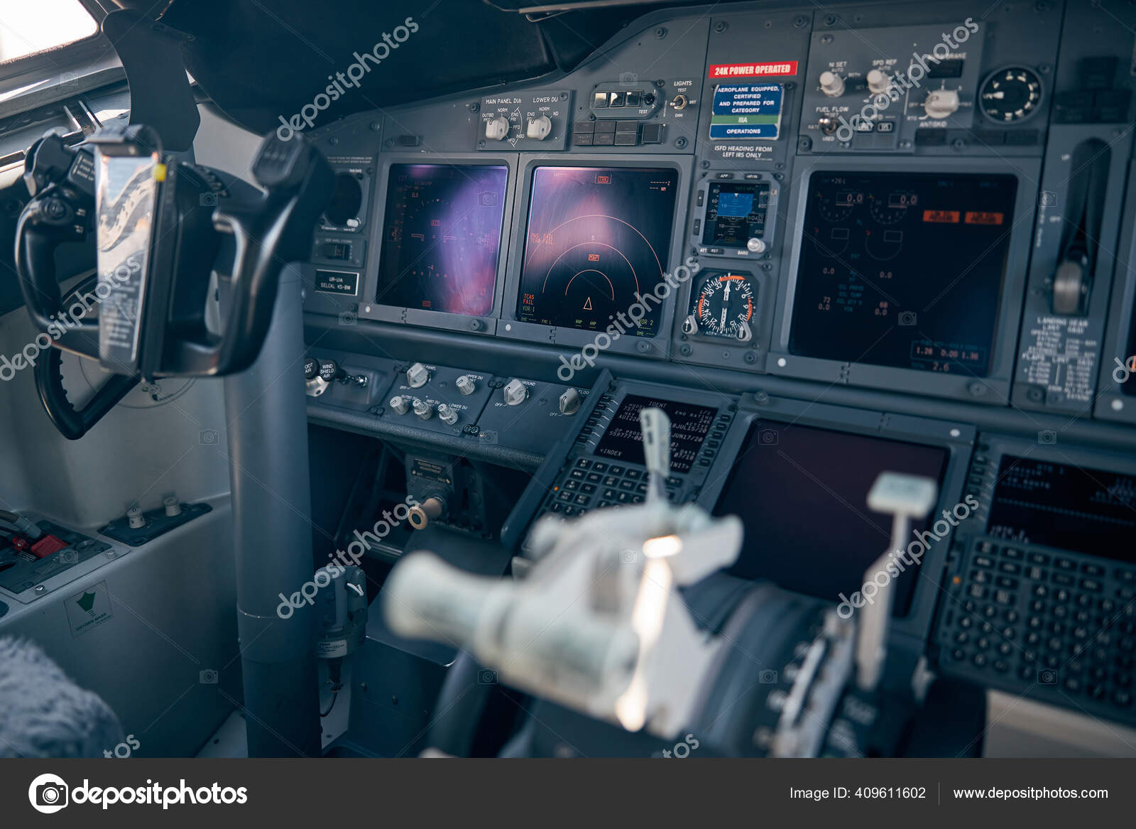 Aircraft flight deck with control column and flight displays Stock ...