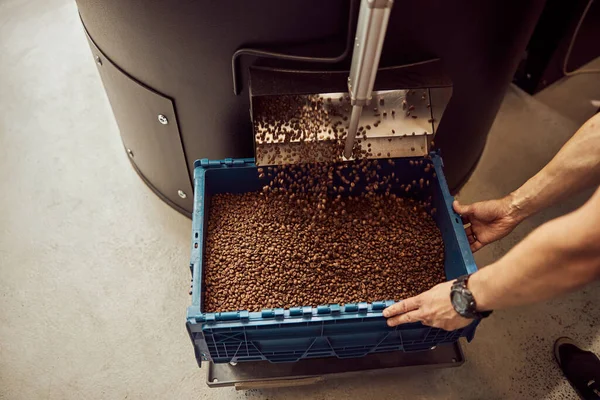 Hombre joven usando máquina profesional de tostado de café —  Fotos de Stock