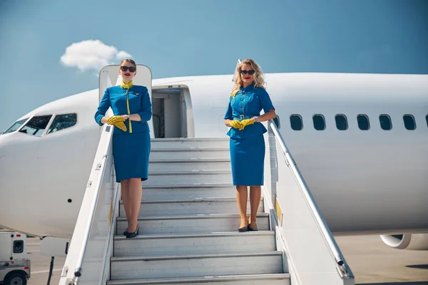 Hospedeiras encantadoras em pé nas escadas do avião sob o céu azul — Fotografia de Stock