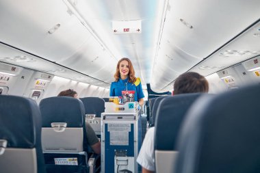 Uçuş hostesi ticari uçakta yemek servisi yapıyor.