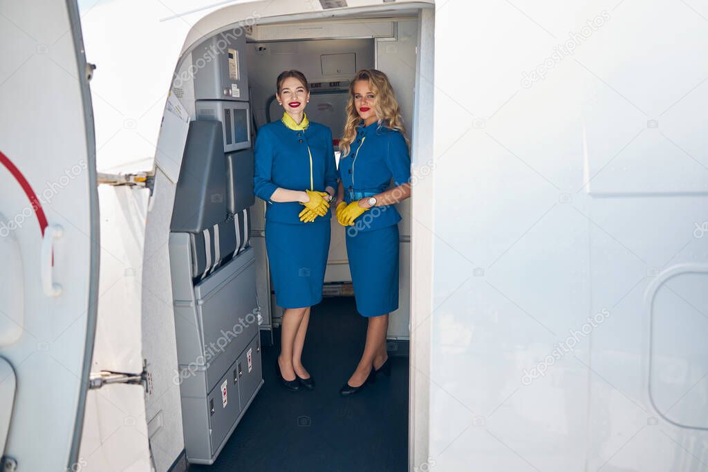 Good looking females in suit posing at the photo camera in the airplane