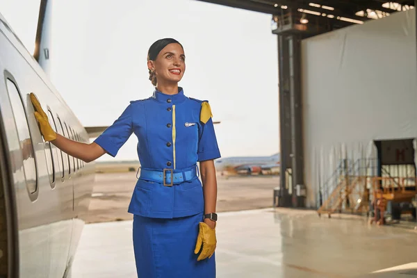 Felice hostess sentirsi pronti per il viaggio e sorridente — Foto Stock