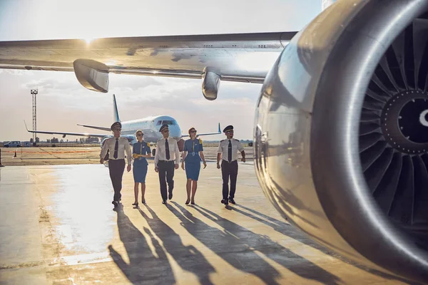 Três homens pilotos com duas hospedeiras isoladas num avião grande — Fotografia de Stock