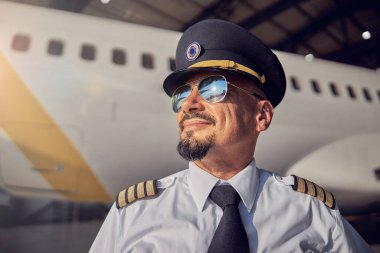 Pilot şapkalı sakallı yakışıklı adam güneşli gökyüzüne bakıyor.
