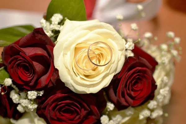 Bridal Bouquet Red White Roses Gold Rings Stock Photo