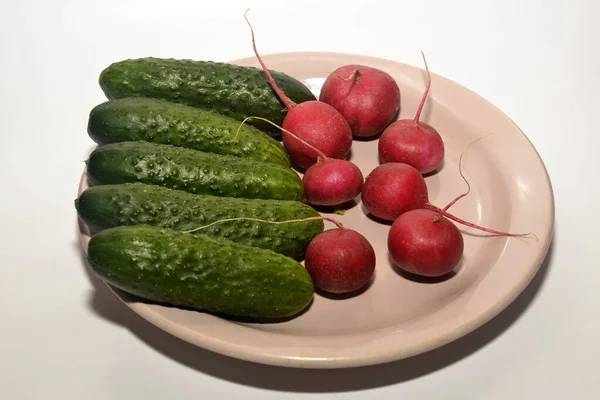 Concombres Radis Reposent Sur Une Assiette Sur Fond Blanc — Photo