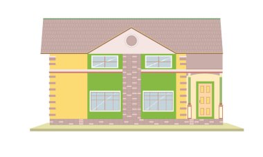 Köy evi. Evin önünde. Evin dış görünüşü son moda düz stil. Kasaba binası. Kapısı ve penceresi olan ev perisi.