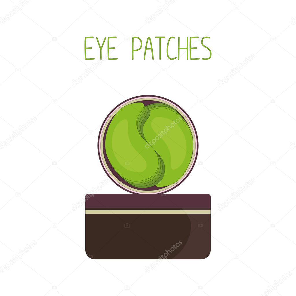 Green hydrogel eye patches. Cosmetic collagen eye patches. Pot with eye patches for beauty and skin care. Vector