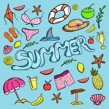 Yaz için bir dizi element el çizimi.