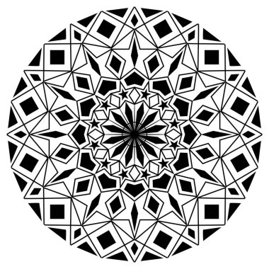 Geometrik mandalalar. Boyama kitabı sayfası. Zigzag süsü. Tasarım için yuvarlak element. Dekoratif süs. Dövme için çizim. Etnik Fraktal Mandala. Grafik ögesi.