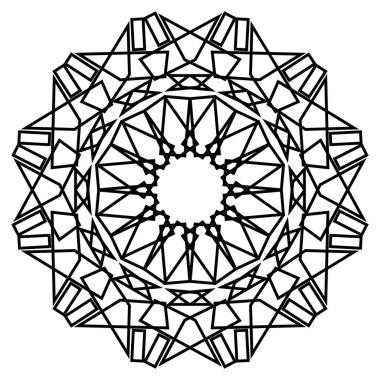 Geometrik mandalalar. Boyama kitabı sayfası. Zigzag süsü. Tasarım için yuvarlak element. Dekoratif süs. Dövme için çizim. Etnik Fraktal Mandala. Grafik ögesi.