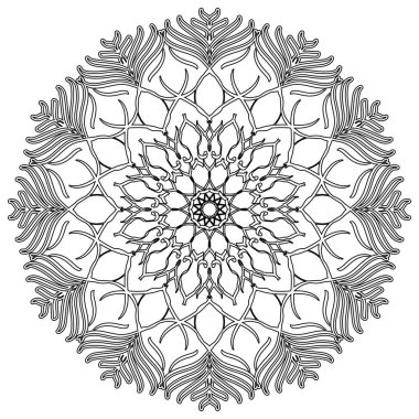 Boyama kitapları için. Mandala Taslağı. Fas 'ta, Hindistan' da, İslam 'da, Çin' de, Nepal 'de ya da Arap tarzında siyah-beyaz etnik desenler. Dekor.