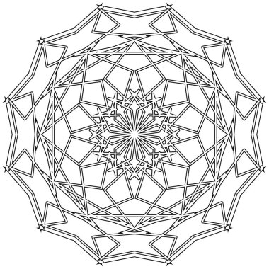 Boyama kitapları için. Mandala Taslağı. Fas 'ta, Hindistan' da, İslam 'da, Çin' de, Nepal 'de ya da Arap tarzında siyah-beyaz etnik desenler. Dekor.