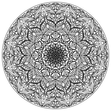 Boyama kitapları için. Mandala Taslağı. Fas 'ta, Hindistan' da, İslam 'da, Çin' de, Nepal 'de ya da Arap tarzında siyah-beyaz etnik desenler. Dekor.